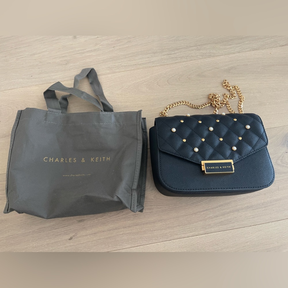 Charles & Keith black leather bag with studs and pearls